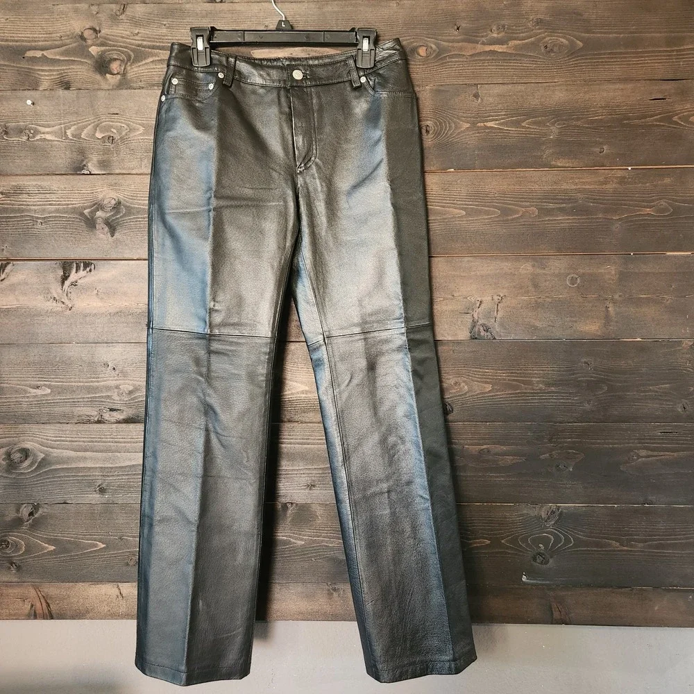 Vtg 90s Y2K Newport News 100% Leather Pants 6 Women Black 29x29 Moto Biker Lined